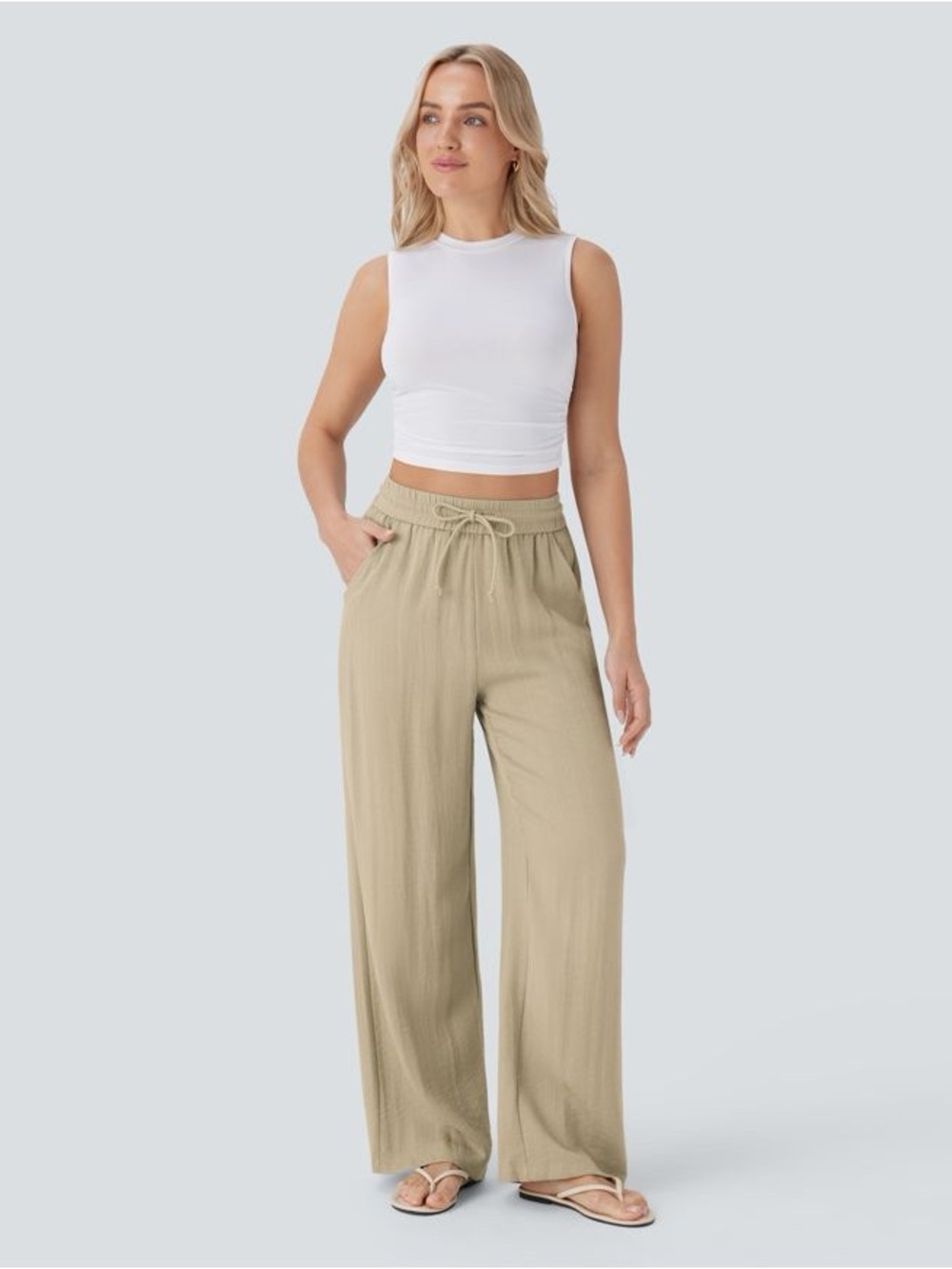 Halara High Waisted Drawstring Pocket Wide Leg Baggy Casual Linen-Feel Pants